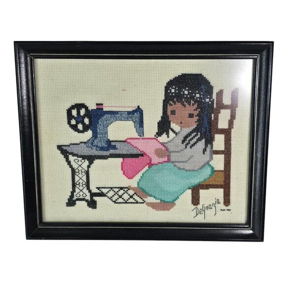 Sundance Tish Cassandra Needlepoint Canvas DeGrazia Girl Sewing Framed Completed - Picture 8 of 12